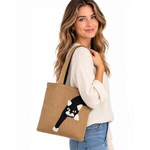 Hansel From Basel Cat Knit Tote Bag 100% Cotton Tan Black
